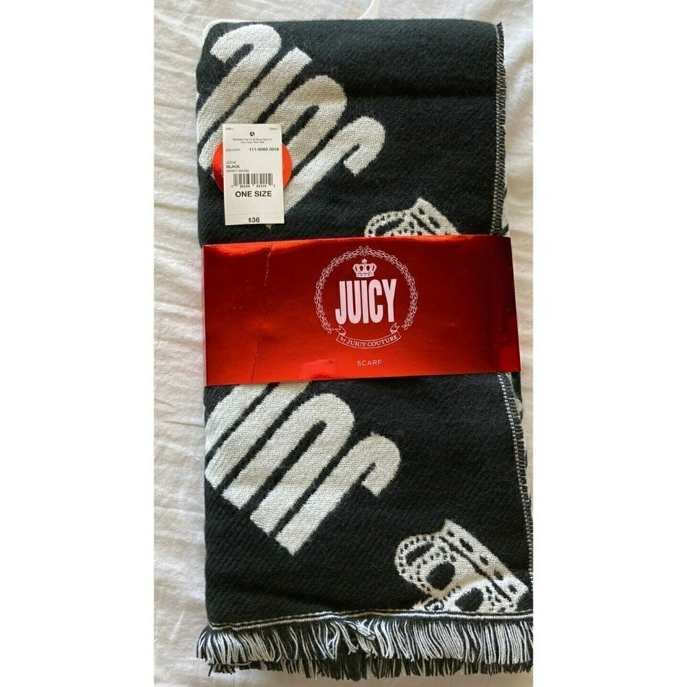 Juicy Couture NWT Black White Crown Juicy Spellout‎ 72” Knit Scarf - Picture 3 of 6